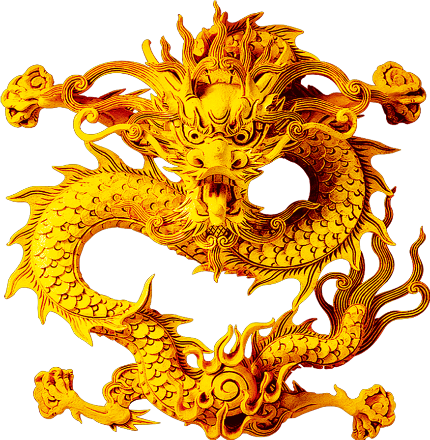 金色中國龍雕塑 壁紙 — 一條雄偉的金龍，帶有複雜的鱗片和飄逸的鬃毛，在純黑背景下動態盤繞。