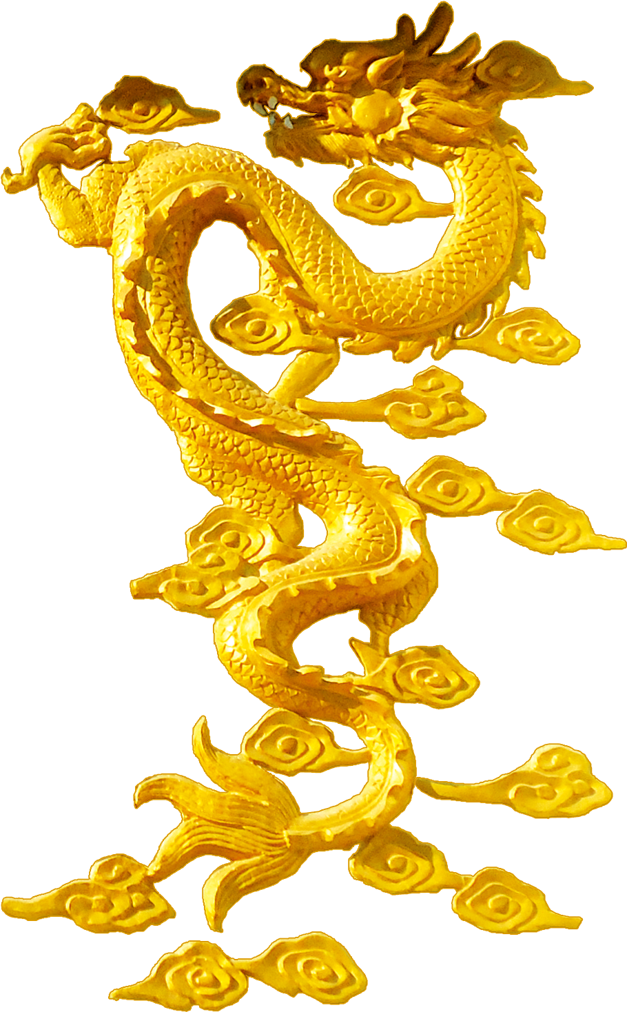 金色中國龍雕塑 壁紙 — 一尊雄偉的金龍雕塑在旋轉的雲紋中動態盤繞，襯以純黑背景。