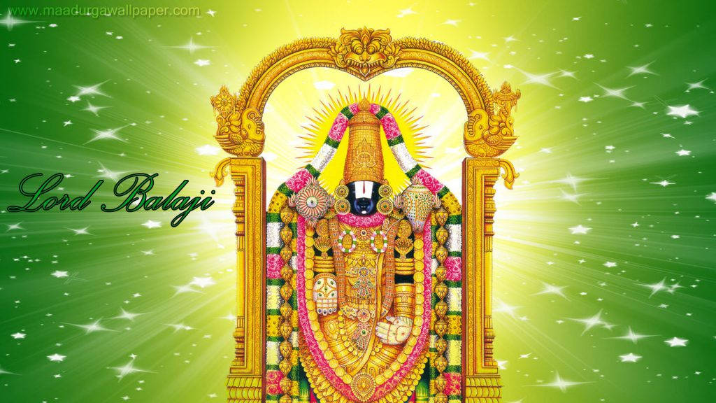 Hindu Temple 桌布 壁紙 — 金色主巴辣吉從鑲有寶石的拱門散發神聖光芒，背景是閃爍的綠色和黃色星空。