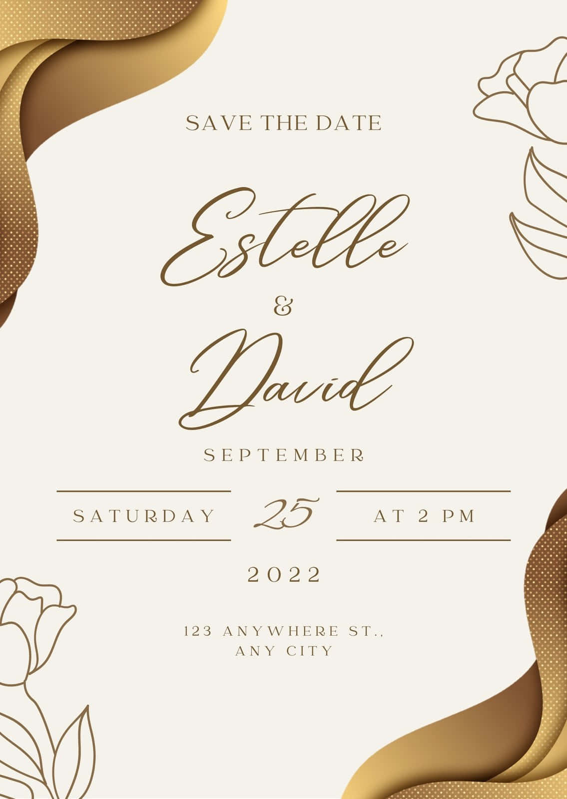 為Estelle同David設計嘅優雅婚禮預留日期卡，帶有金色點綴同花卉線條藝術。