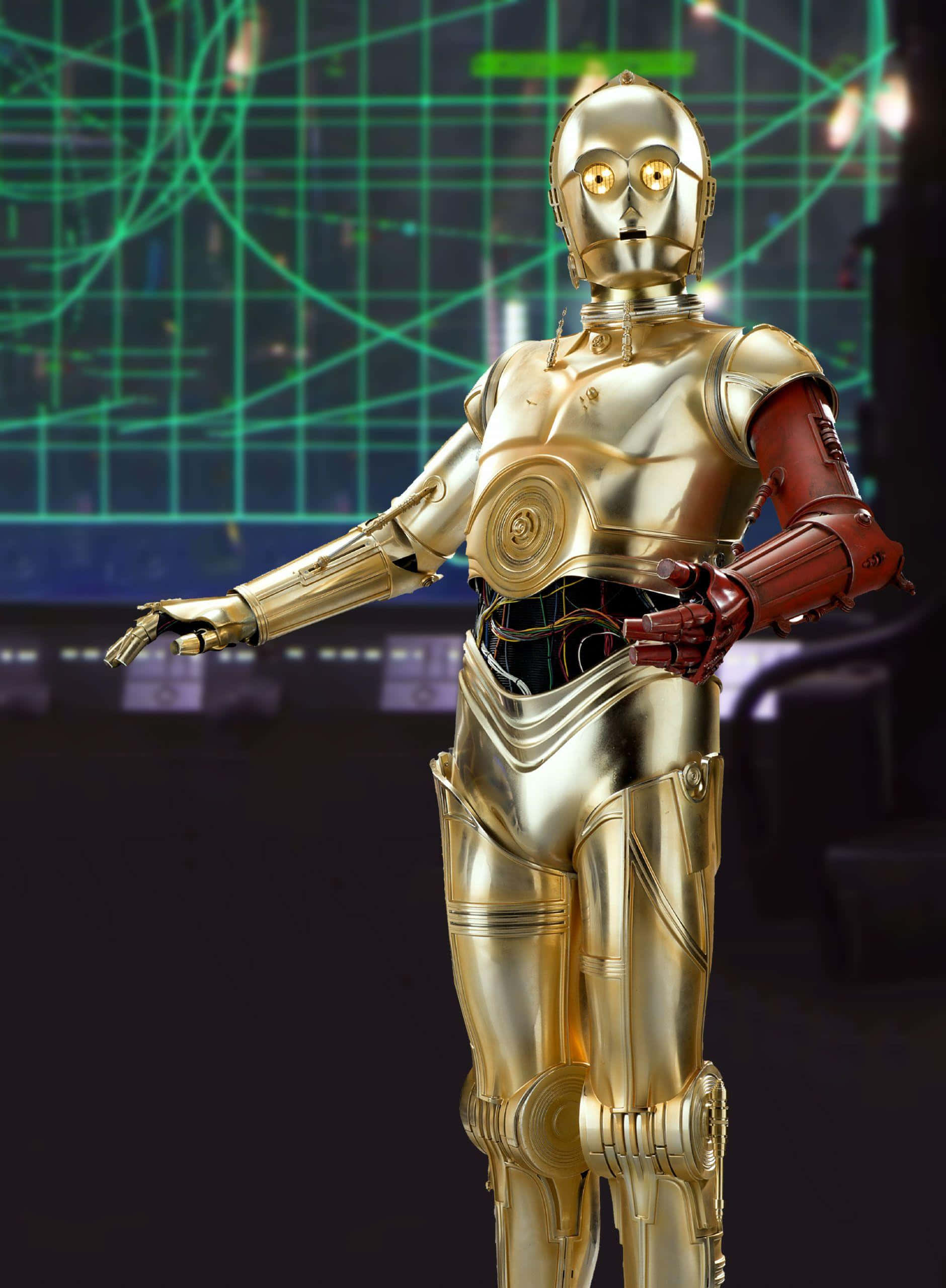 C-3po 桌布 壁紙 — 金色人形機械人C-3PO在發光的綠色網格背景前擺出姿勢，一隻手臂伸出。