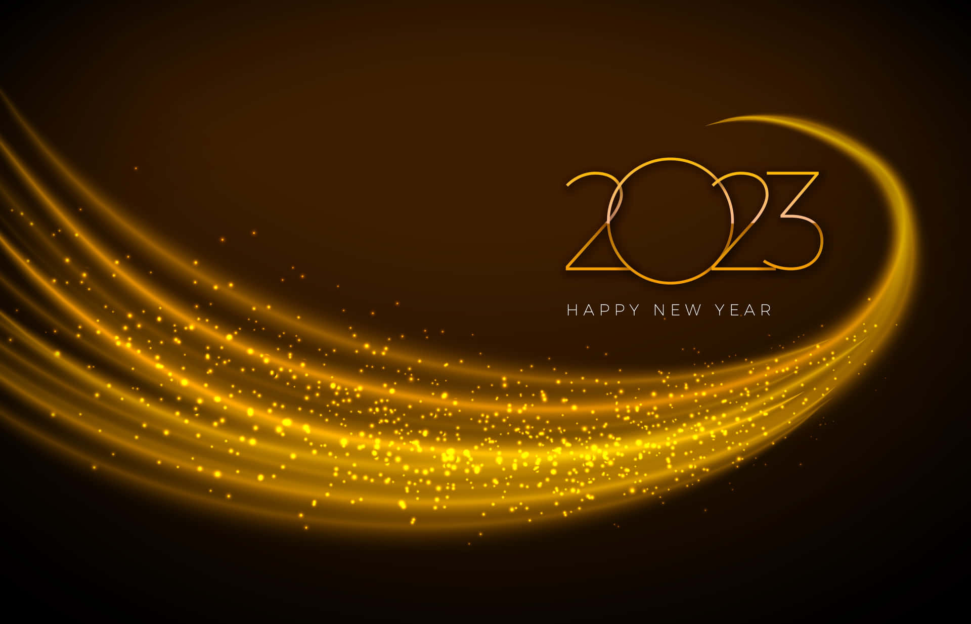 金色光跡在深棕色背景上圍繞「2023 Happy New Year」文字旋轉。