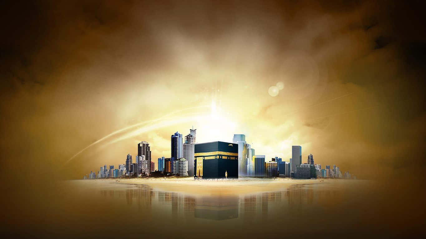 Makkah 桌布 壁紙 — 金色光芒從被現代摩天大樓環繞的天房散發，在朦朧天空下倒映於水中。
