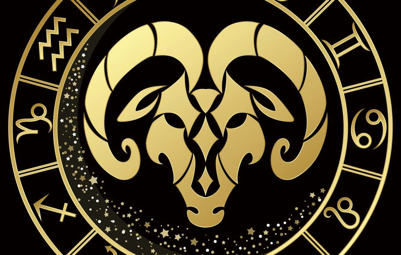 taurus 桌布 壁紙 — 金色公羊頭置於黃道輪中央，黑色背景上佈滿星星。