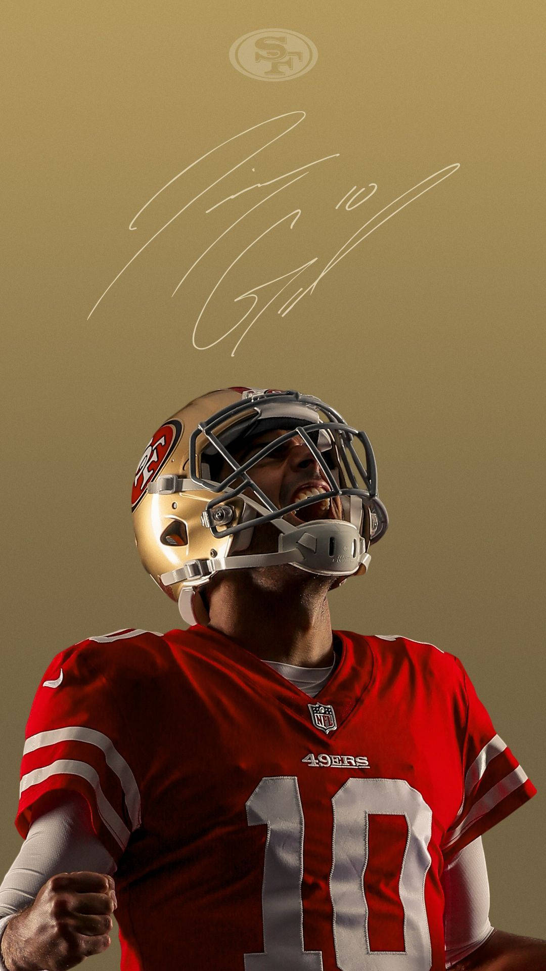 金色吉米·加羅波洛 49ers iPhone 壁紙 — 一位身穿紅色10號球衣的三藩市四九人美式足球員，在金色背景上勝利地咆哮，上方有他的簽名。