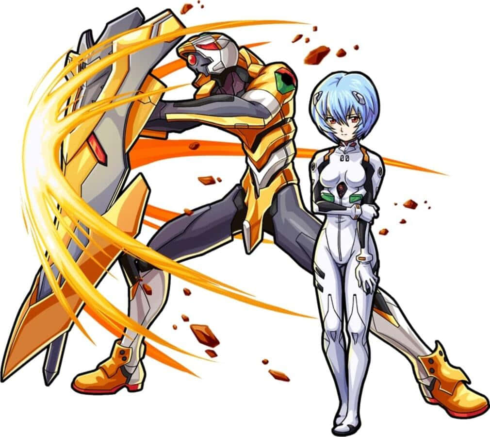 Eva-00 桌布 壁紙 — 金色和灰色的動漫風格機甲以發光的能量攻擊，而一位藍髮駕駛員穿著白色套裝站在旁邊。