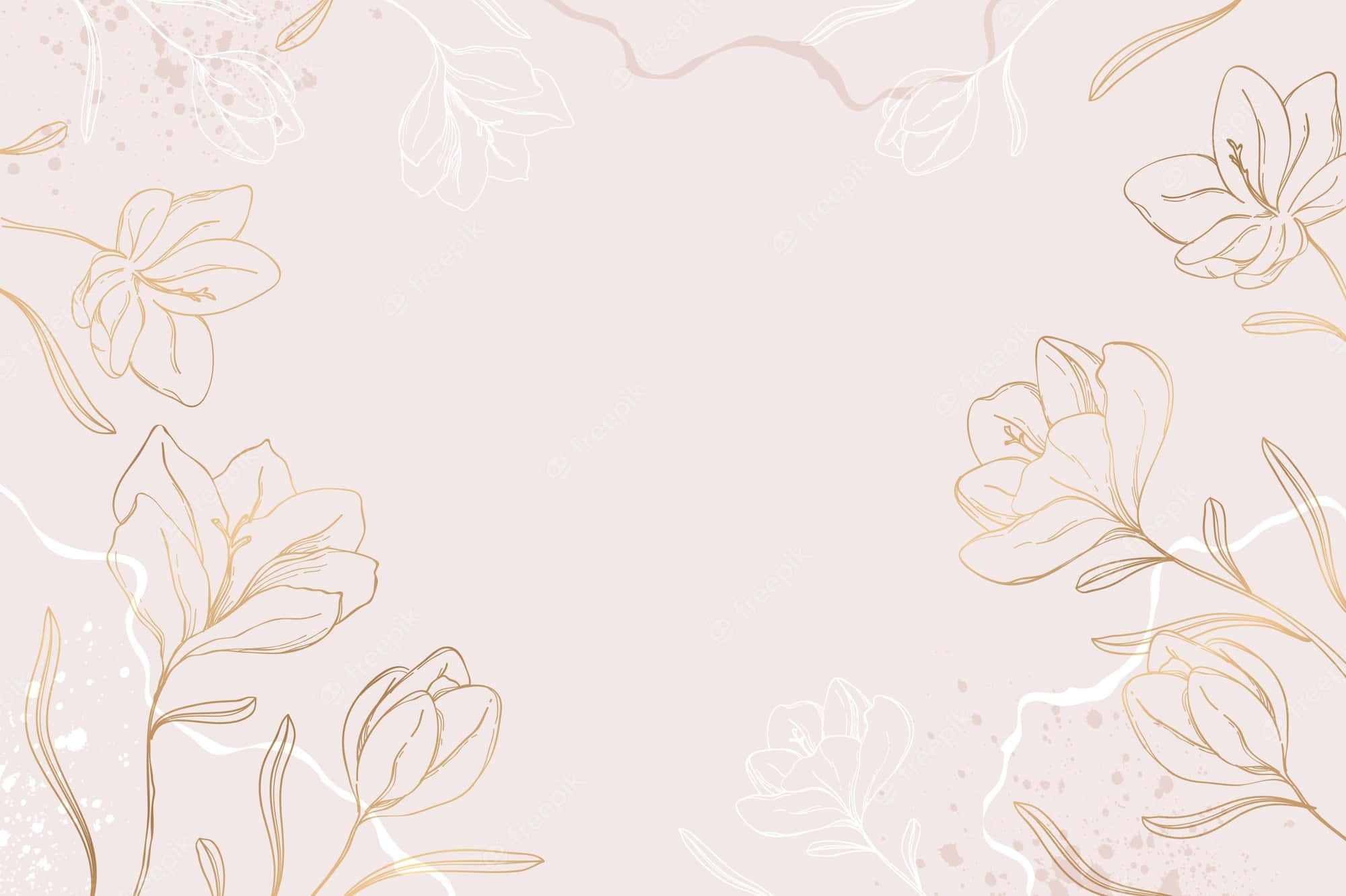 Watercolor Floral 桌布 壁紙 — 金色和白色的優雅花卉線條藝術，環繞著柔和的胭脂色背景，帶有細膩的水彩飛濺效果。