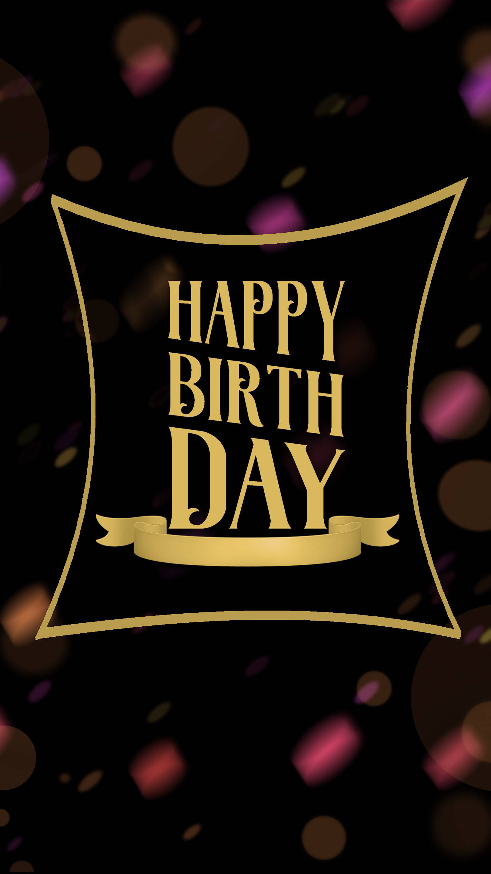 birthday blessings 桌布 壁紙 — 金色嘅「Happy Birthday」文字喺裝飾框入面，黑色背景配彩色散景紙碎。