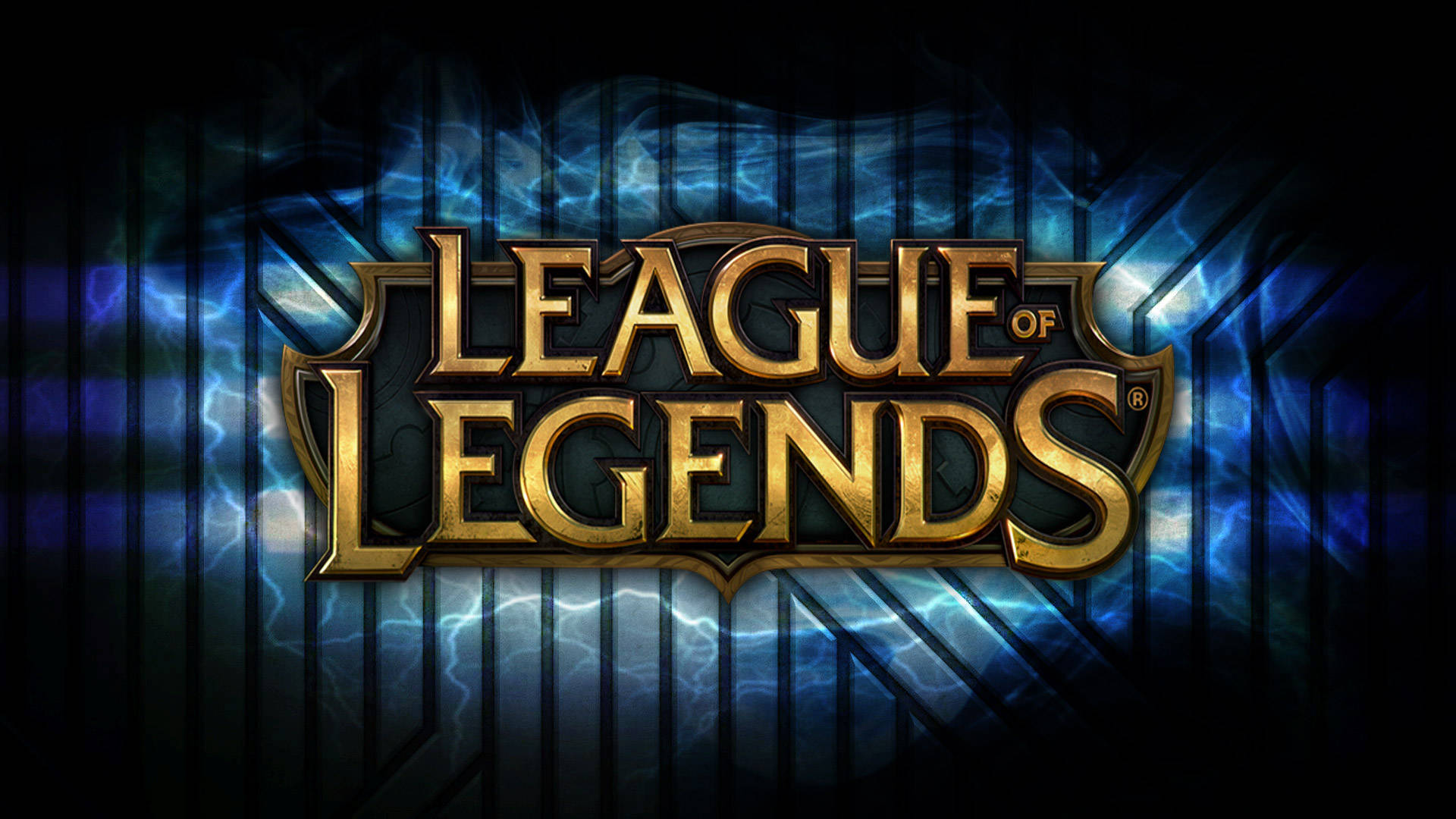 背景 桌布 壁紙 — 金色嘅 'League of Legends' 標誌喺深藍色電光背景同垂直金屬條上發光。