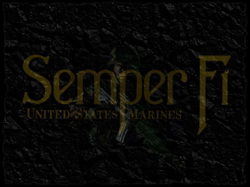 Marine 桌布 壁紙 — 金色嘅'Semper Fi'文字疊加喺一個模糊嘅士兵剪影上，背景係有紋理嘅黑色。