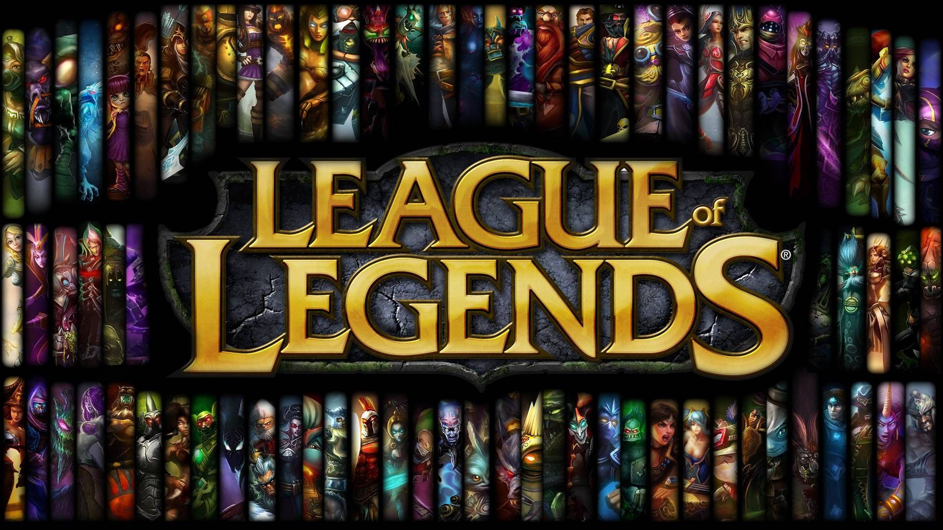 HD 桌布 壁紙 — 金色嘅League of Legends標誌置中，垂直條紋上嘅鮮明角色肖像喺深色背景上。