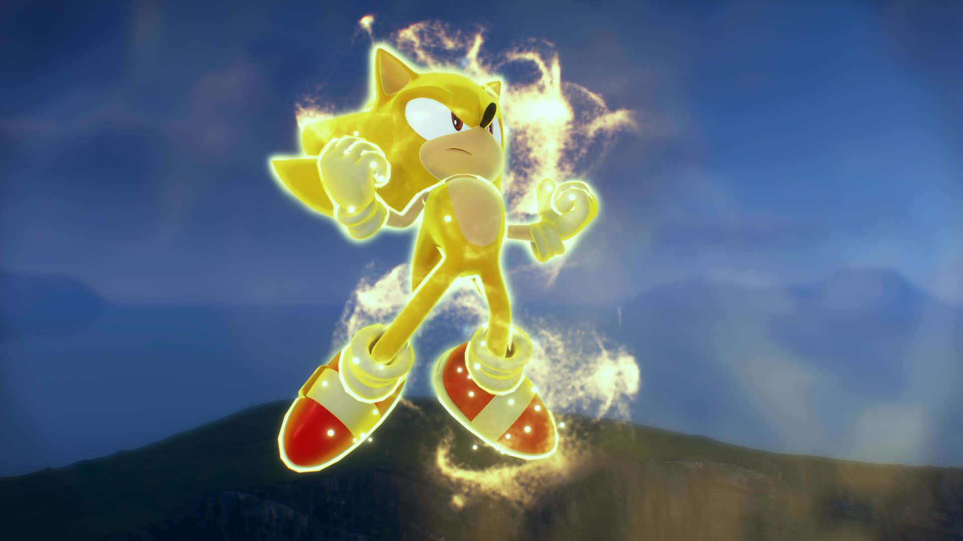 Sonic Characters 桌布 壁紙 — 金色嘅Sonic the Hedgehog企喺一座散發住能量嘅山頂上，背景係黃昏嘅天空。