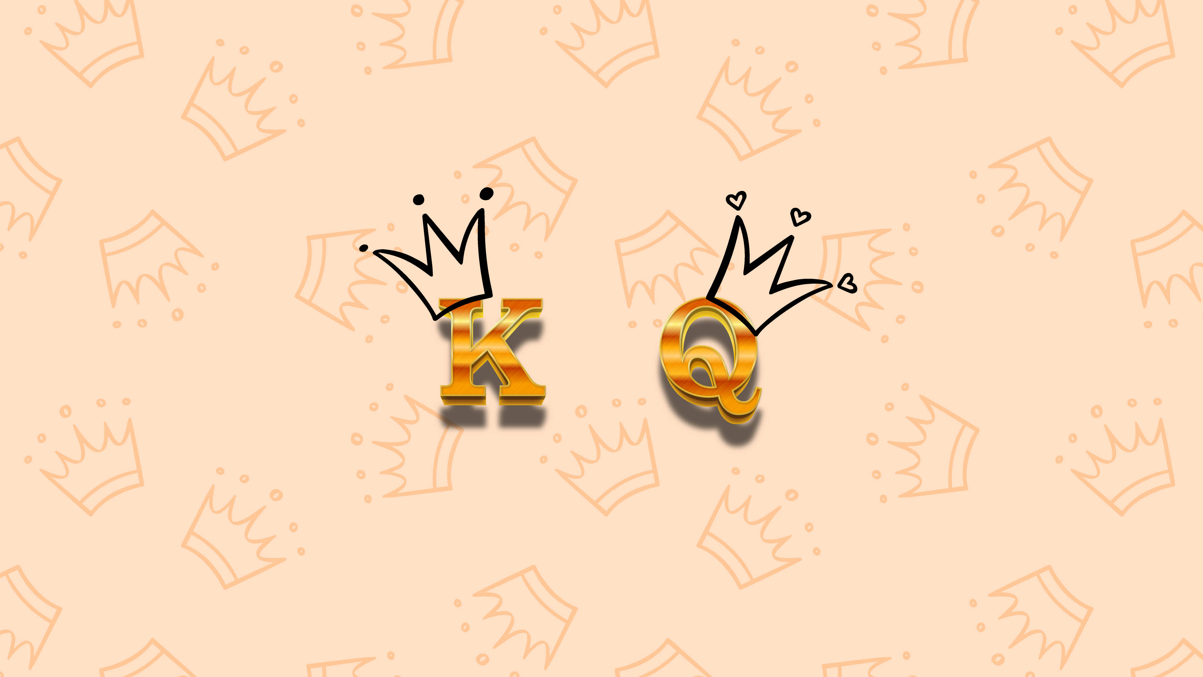 king 桌布 壁紙 — 金色嘅國王同皇后字母戴住皇冠，漂浮喺有淡淡皇冠輪廓圖案嘅柔和蜜桃色背景上。