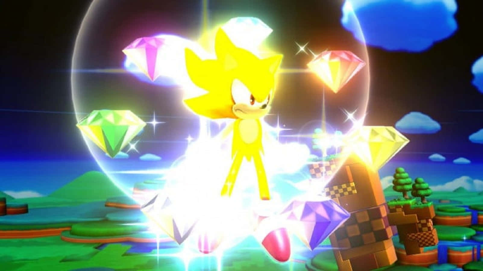 Chaos Emeralds 桌布 壁紙 — 金色嘅超音鼠喺星光燦爛嘅夜空下，喺一個充滿活力嘅像素風景中，被閃閃發光嘅寶石包圍住，發出明亮嘅光芒。