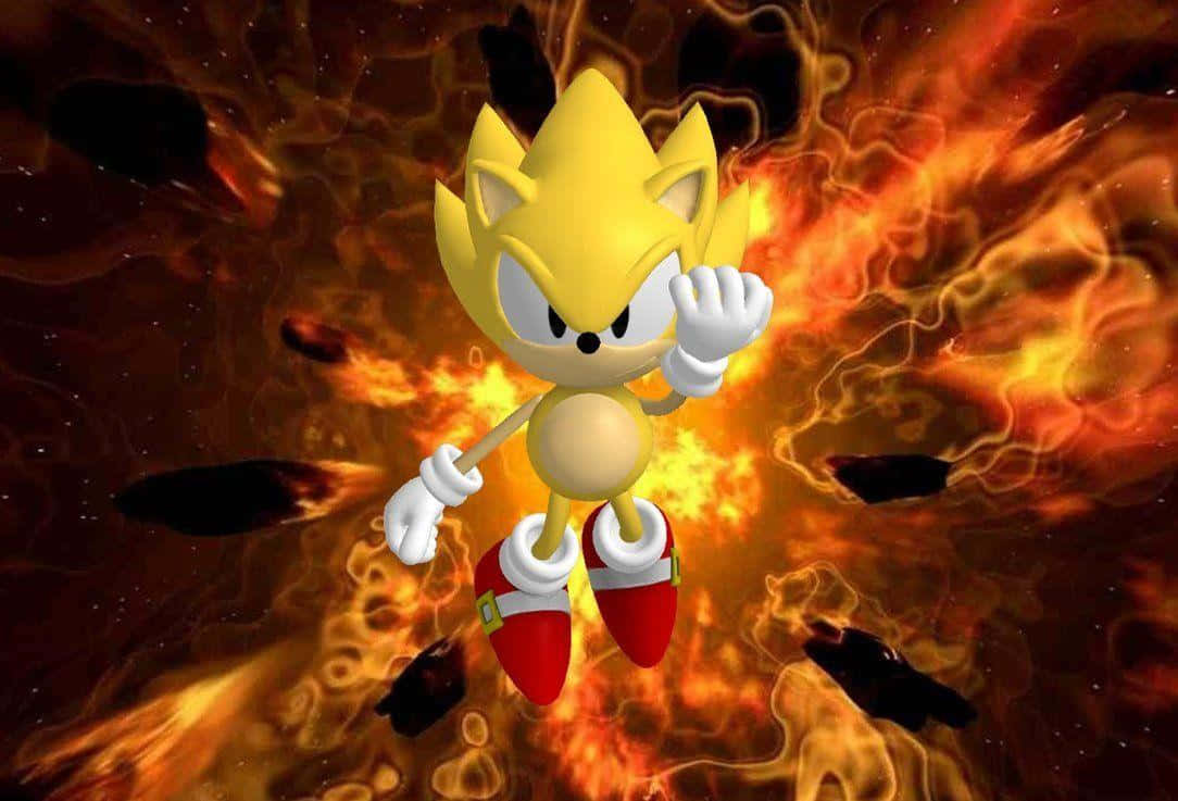 Super Sonic 桌布 壁紙 — 金色嘅超音鼠英雄咁企喺一個熾熱嘅宇宙背景前面，有旋轉嘅火焰同漂浮嘅碎片。