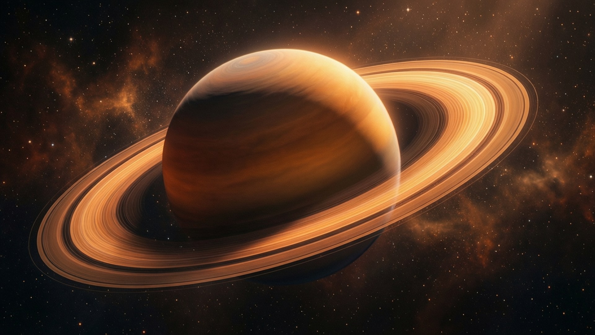 金色土星星雲 壁紙 — 一顆雄偉的土星帶著金色光環，在充滿星雲的星空宇宙背景下發光。