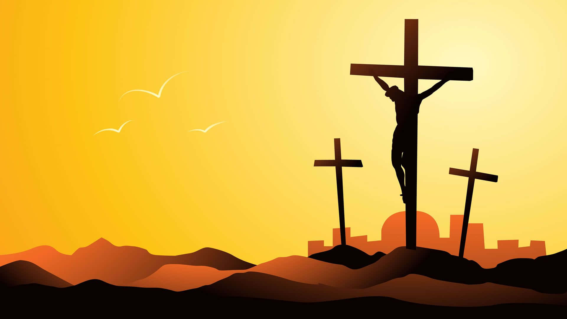 Jesus Crucifixion 桌布 壁紙 — 金色夕陽下的剪影釘十字架場景，三個十字架襯著起伏的山丘和遠處的城市景觀。
