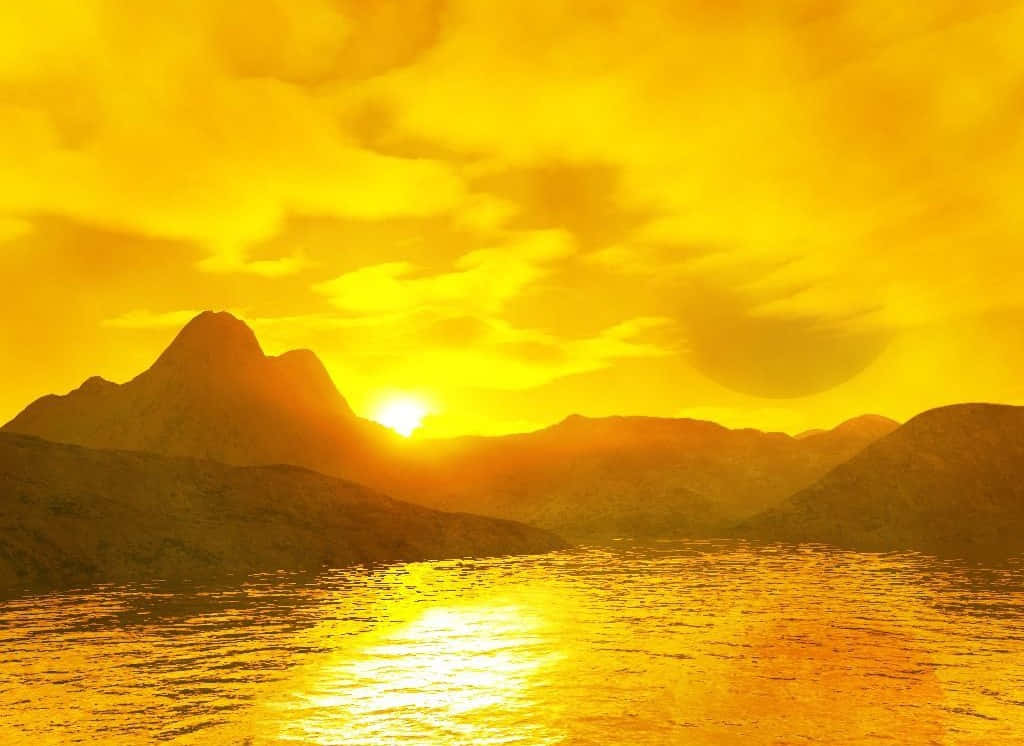 Yellow Sky 桌布 壁紙 — 金色夕陽將溫暖的光芒灑在山峰和漣漪的水面上，映照出天空火紅的輝光。