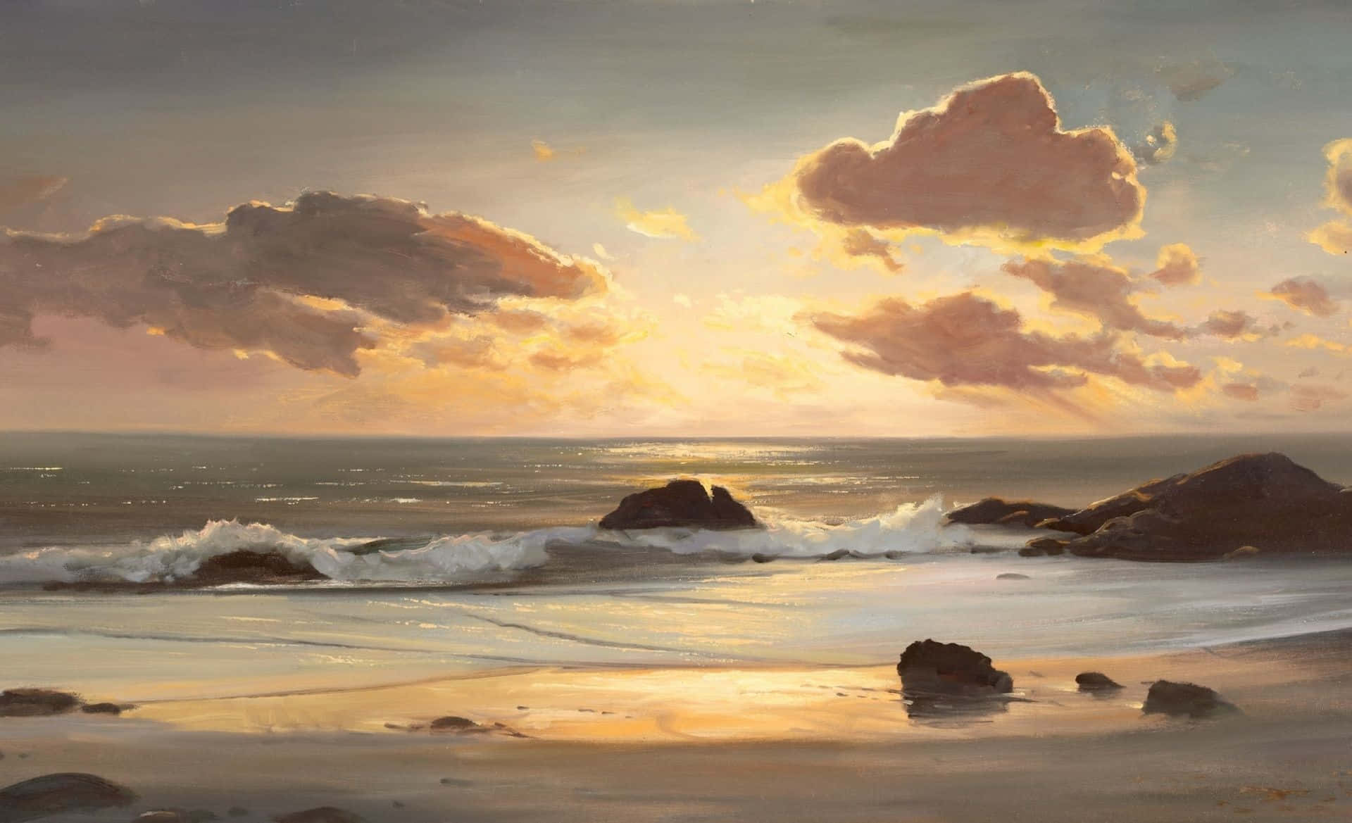Beach Art 桌布 壁紙 — 金色夕陽描繪雲彩和海浪拍打寧靜海灘上的暗色岩石。