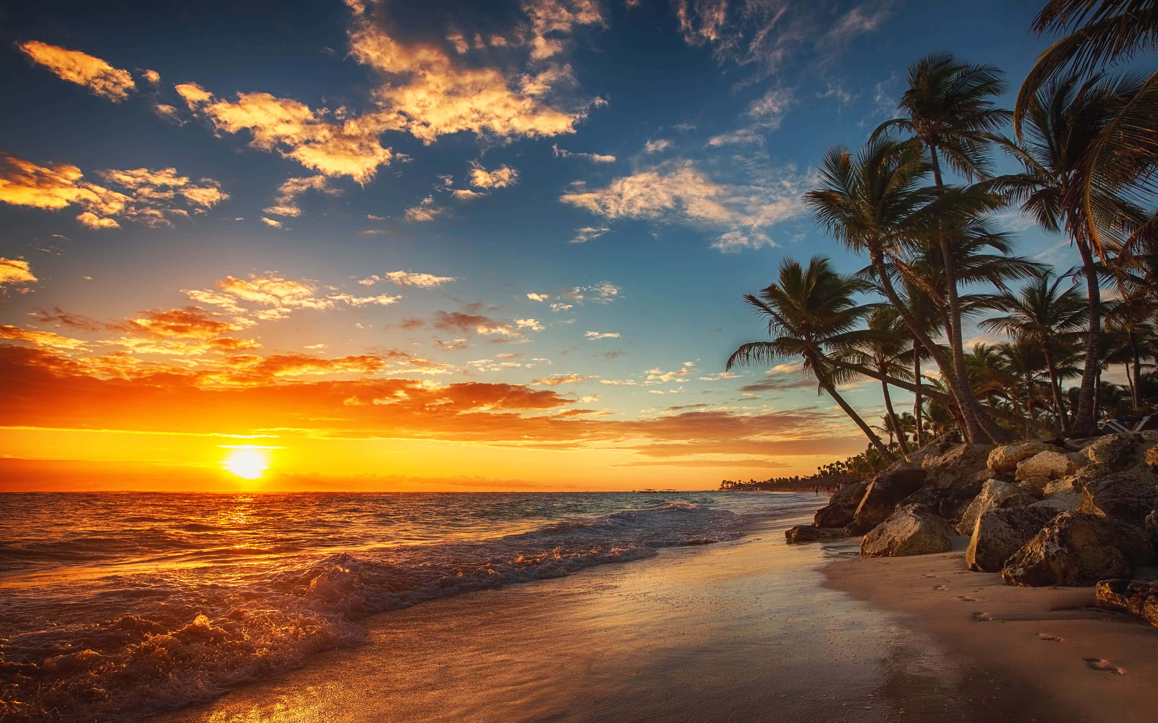 Caribbean 桌布 壁紙 — 金色夕陽染紅天空和海洋，海浪拍打著棕櫚樹成蔭的沙灘。