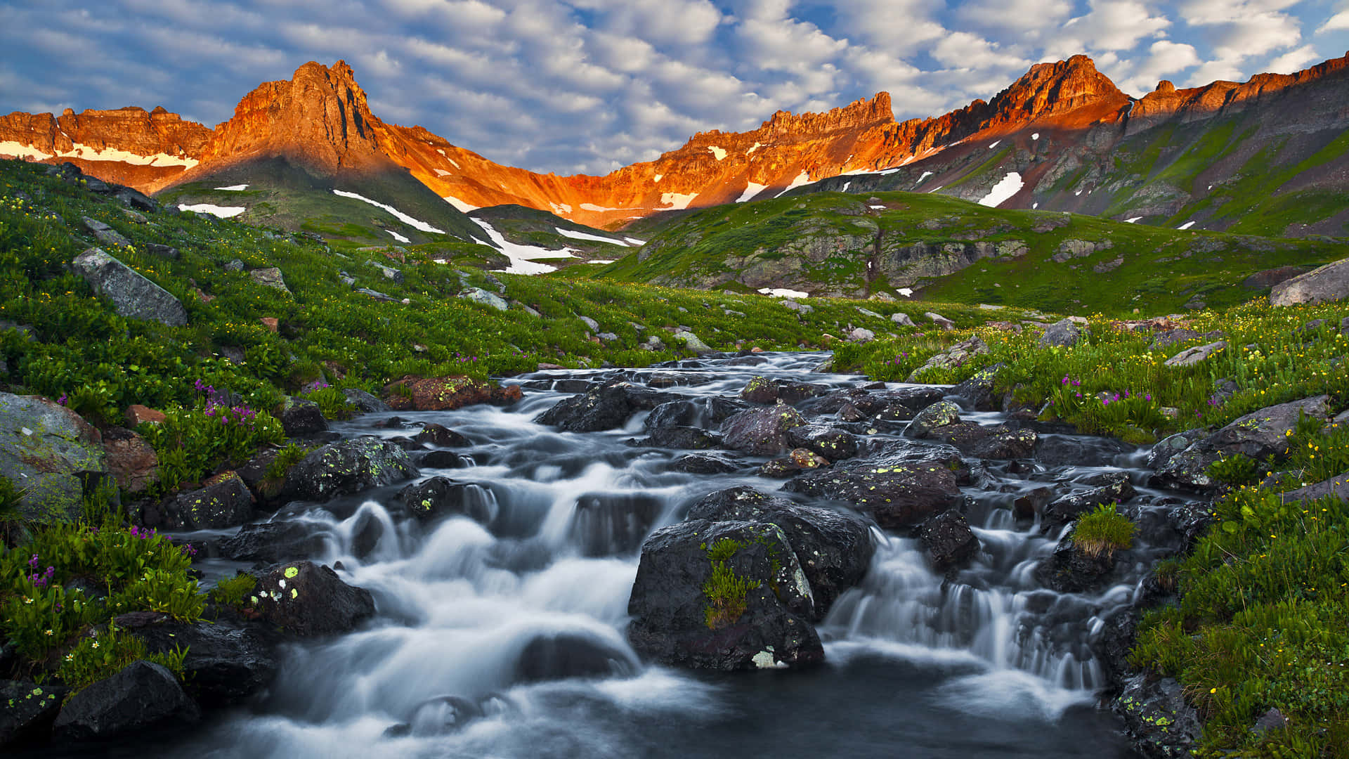 Colorado 桌布 壁紙 — 金色夕陽灑落在崎嶇的山峰上，湍急的河流穿過點綴著野花的翠綠草地。