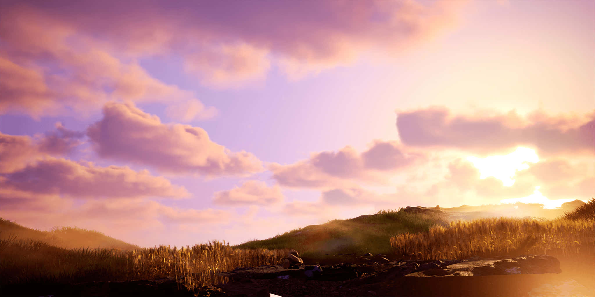 Fortnite Chapter 3 桌布 壁紙 — 金色夕陽灑落在柔軟紫色雲朵下的起伏山丘和高草上，營造出寧靜的自然景象。