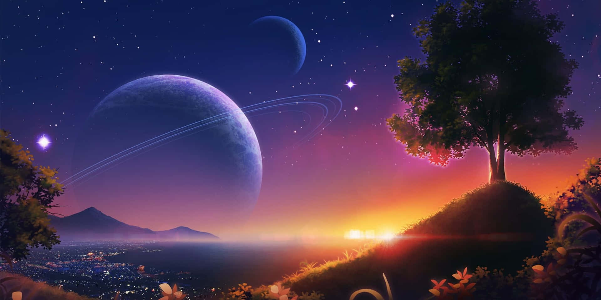 山丘上的樹俯瞰發光城市，暮色天空中有巨大環狀行星