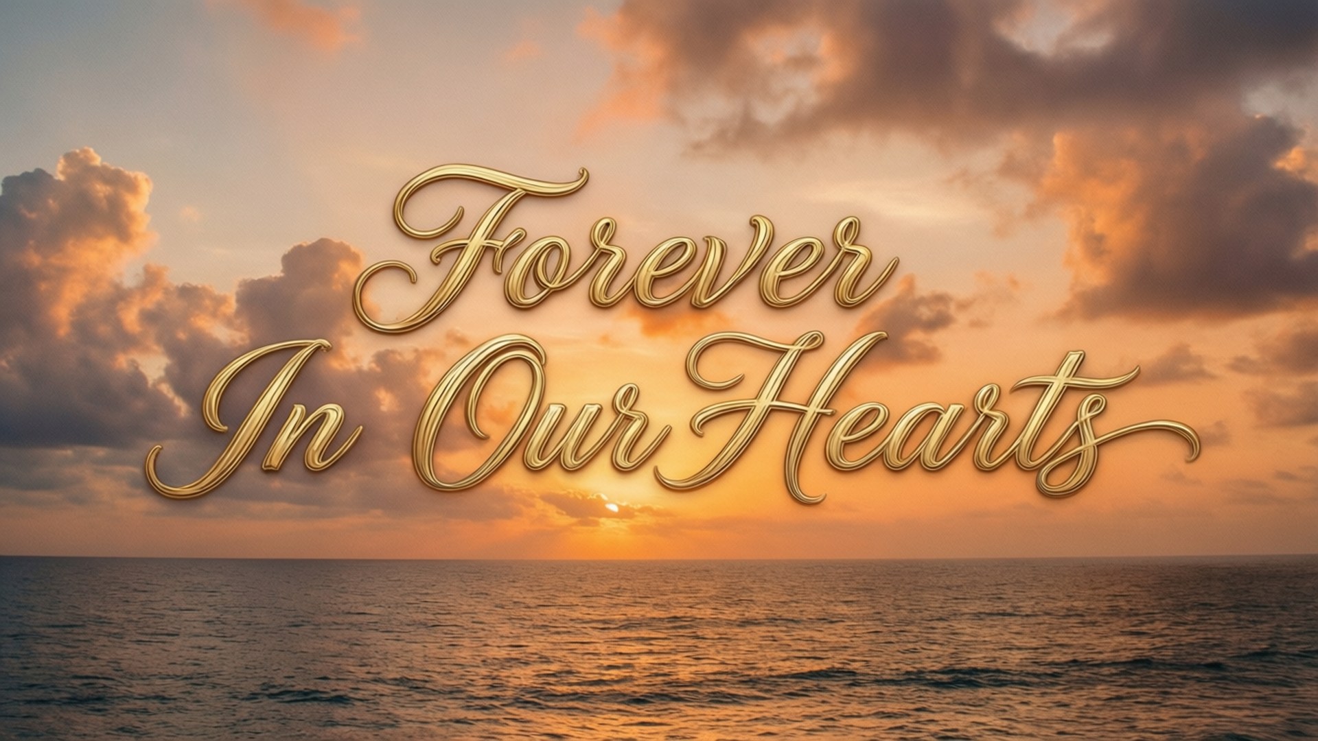 金色夕陽致敬 壁紙 — 金色草書文字「forever in our hearts」在夕陽映照海洋和戲劇性雲層的背景中閃耀。