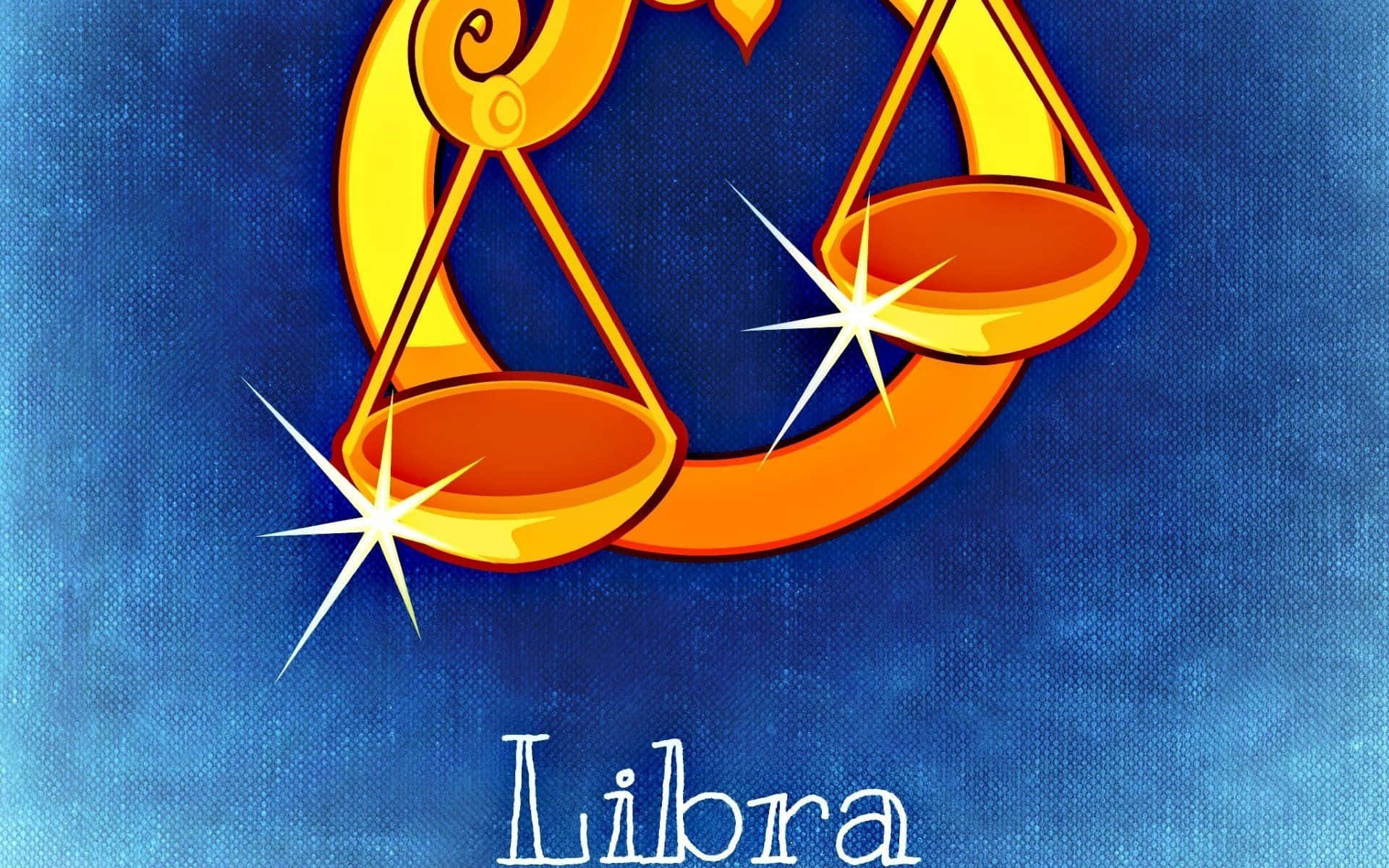 libra 桌布 壁紙 — 金色天秤座星座符號，配以閃爍星星，置於有紋理的藍色背景上。