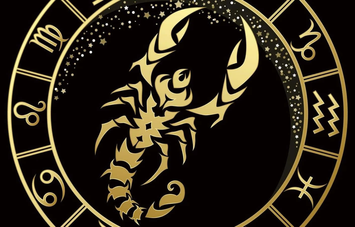 天蠍座 桌布 壁紙 — 金色天蠍座星座符號居中於圓形星座輪盤中，背景為黑色星空。