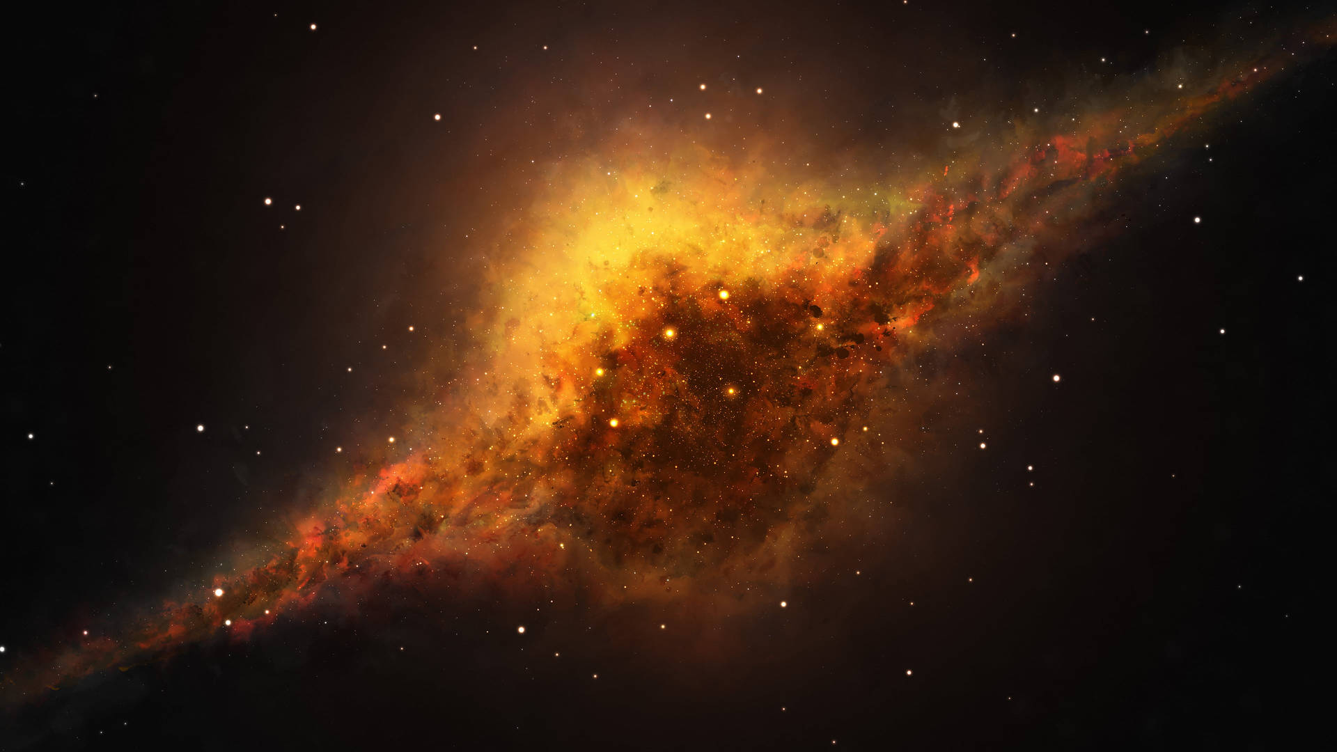 熾熱的螺旋星系，帶有發光的星雲和散落的星星。