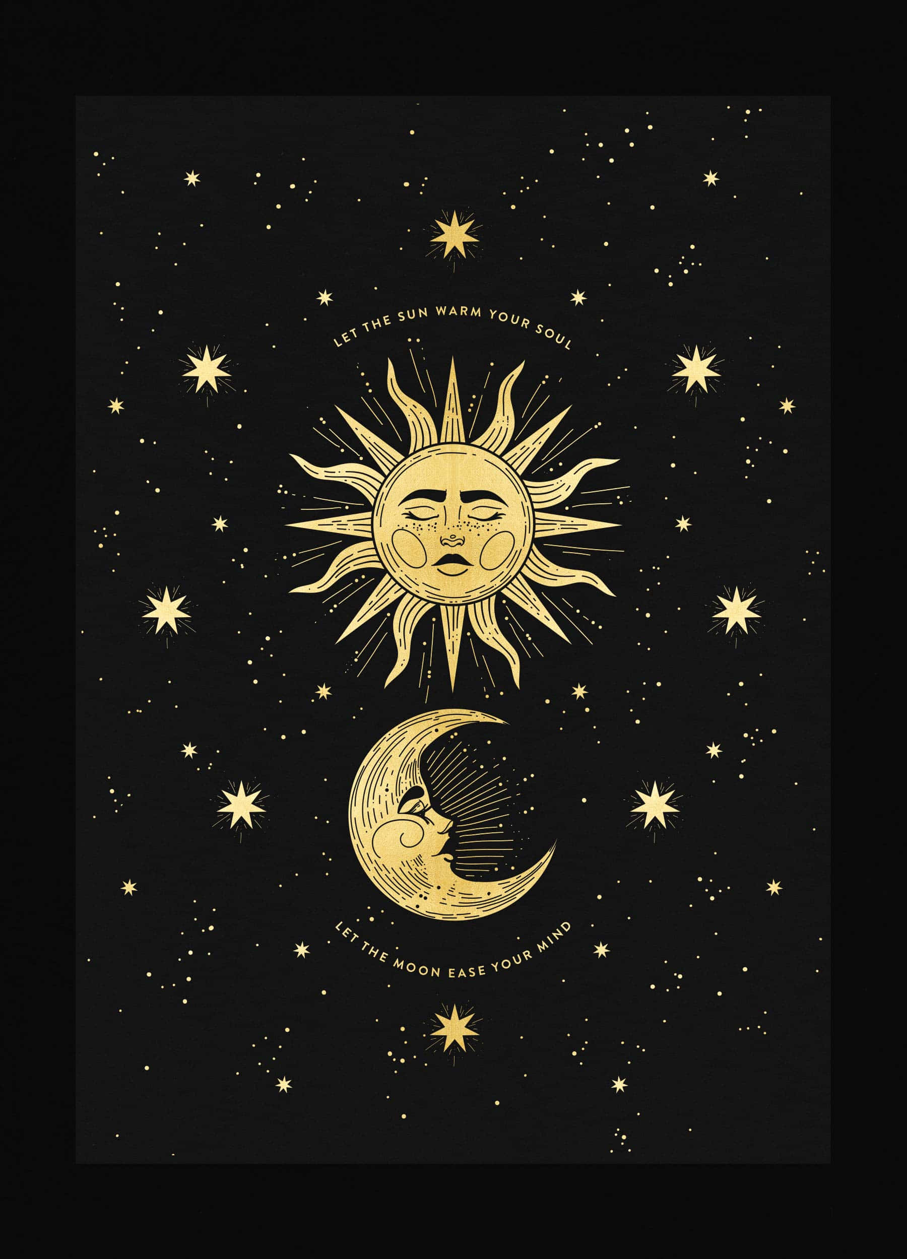太陽與月亮 桌布 壁紙 — 金色太陽和月亮帶有面孔，在繁星點點的黑色夜空下發光，並帶有鼓舞人心的文字。