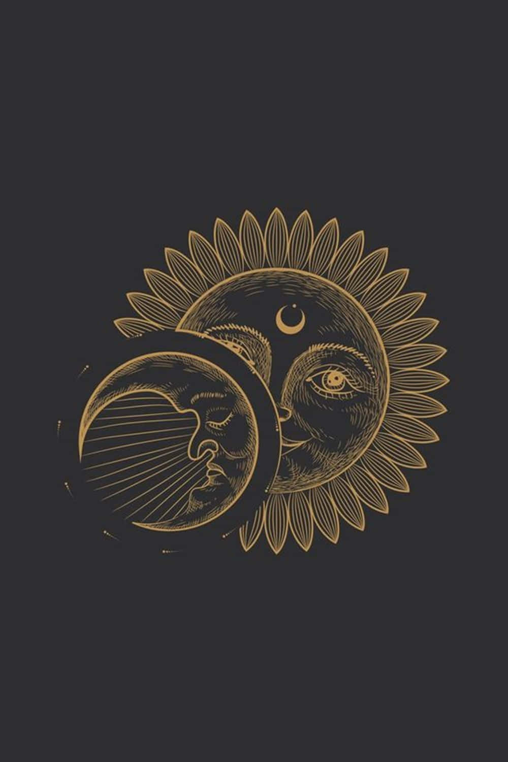 Sun And Moon Aesthetic 桌布 壁紙 — 金色太陽和月亮臉龐以複雜線條在黑暗背景中發光，呈現神秘的天空設計。