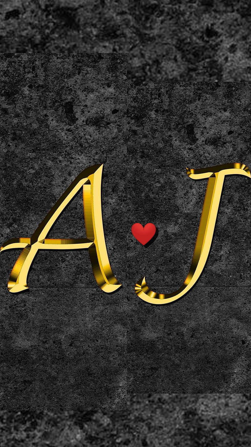 Typography 桌布 壁紙 — 金色字母A和J，中間有一個紅色心形，位於深色紋理背景上。