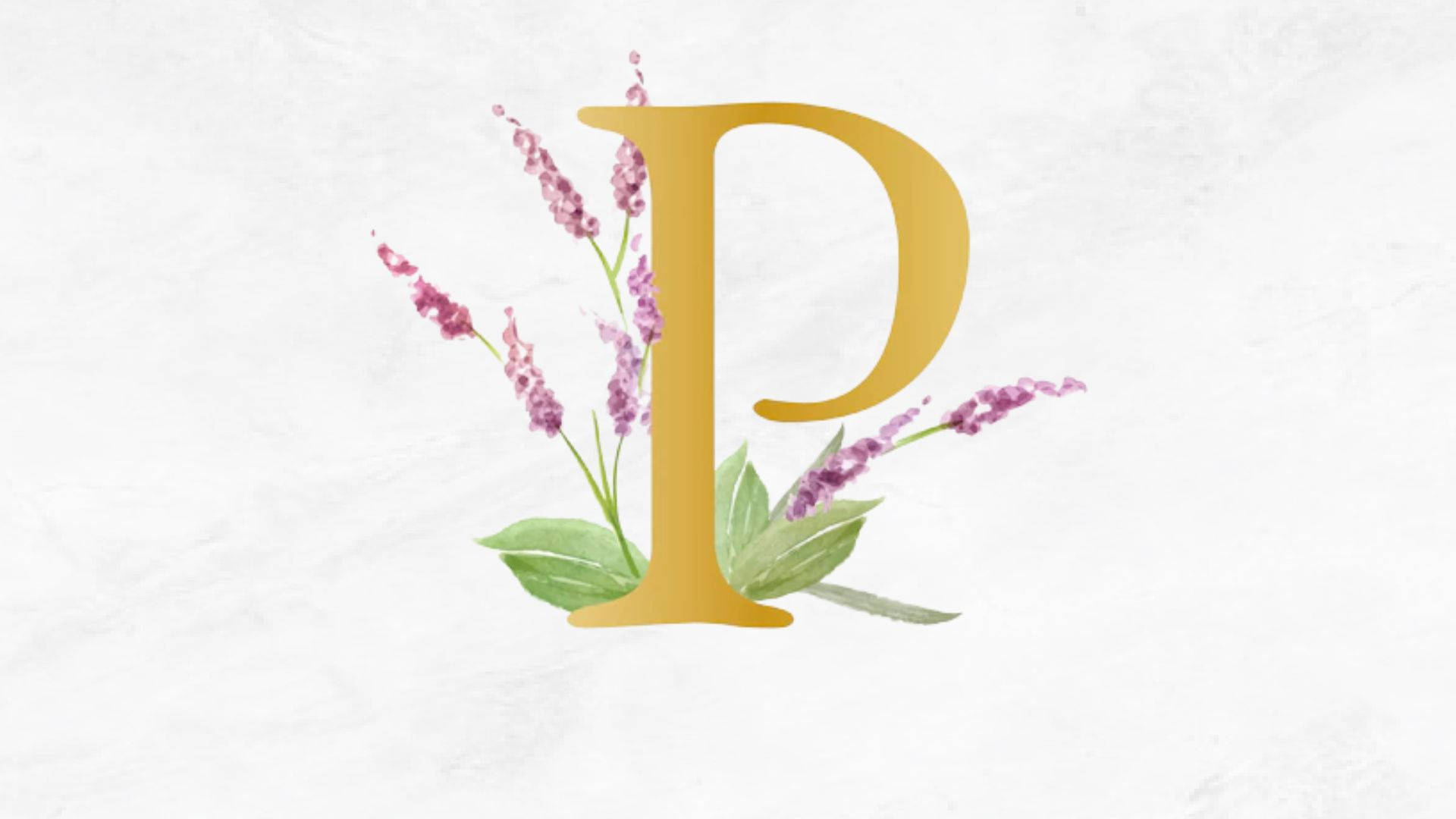 金色字母P以薰衣草和綠色葉片裝飾，置於有紋理的白色背景上。