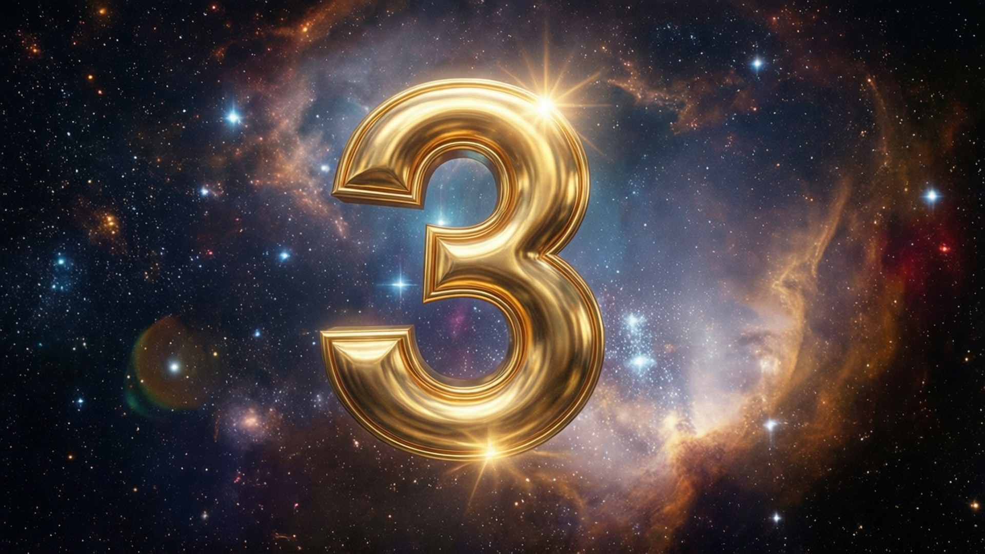 金色宇宙三號 壁紙 — 一個閃閃發光的金色數字3漂浮在充滿星星和發光氣體雲的充滿活力的宇宙星雲前。