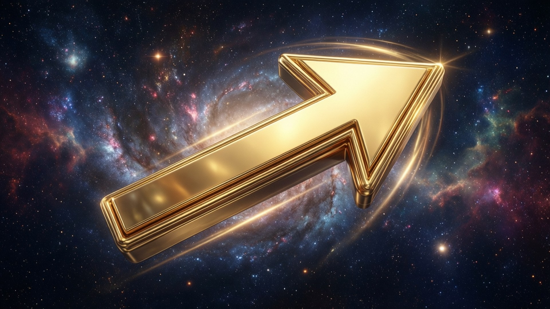 金色宇宙箭頭 壁紙 — 一支閃閃發光的金色箭矢穿過充滿旋轉恆星和彩色氣體雲的充滿活力的宇宙星雲。