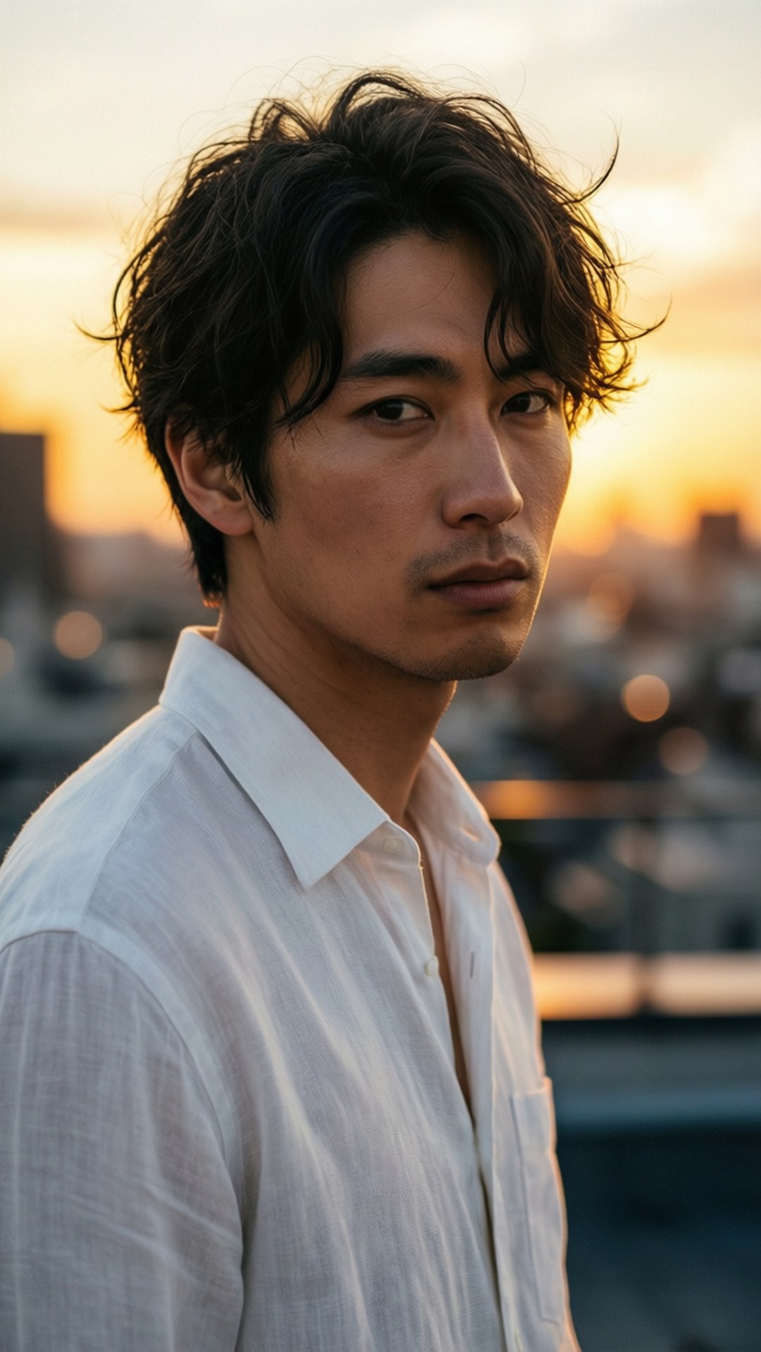 金色屋頂 壁紙 — 一個穿著白恤衫、頭髮凌亂的深色頭髮男子，在溫暖的日落城市景觀中若有所思地凝視。