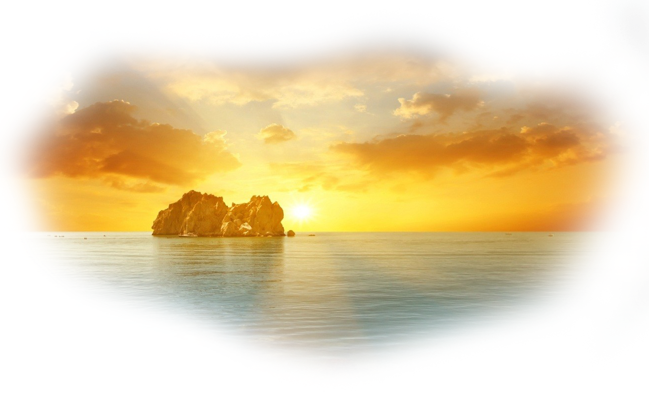 金色島嶼日出 壁紙 — 金色夕陽在平靜海洋上，被色彩繽紛的故障風格邊框框住的岩石島後方發光。