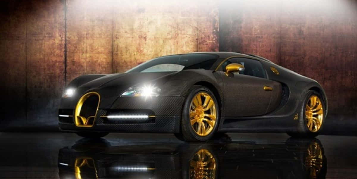 黑色布加迪跑車，金色細節在光澤地板上反射，於攝影棚內。