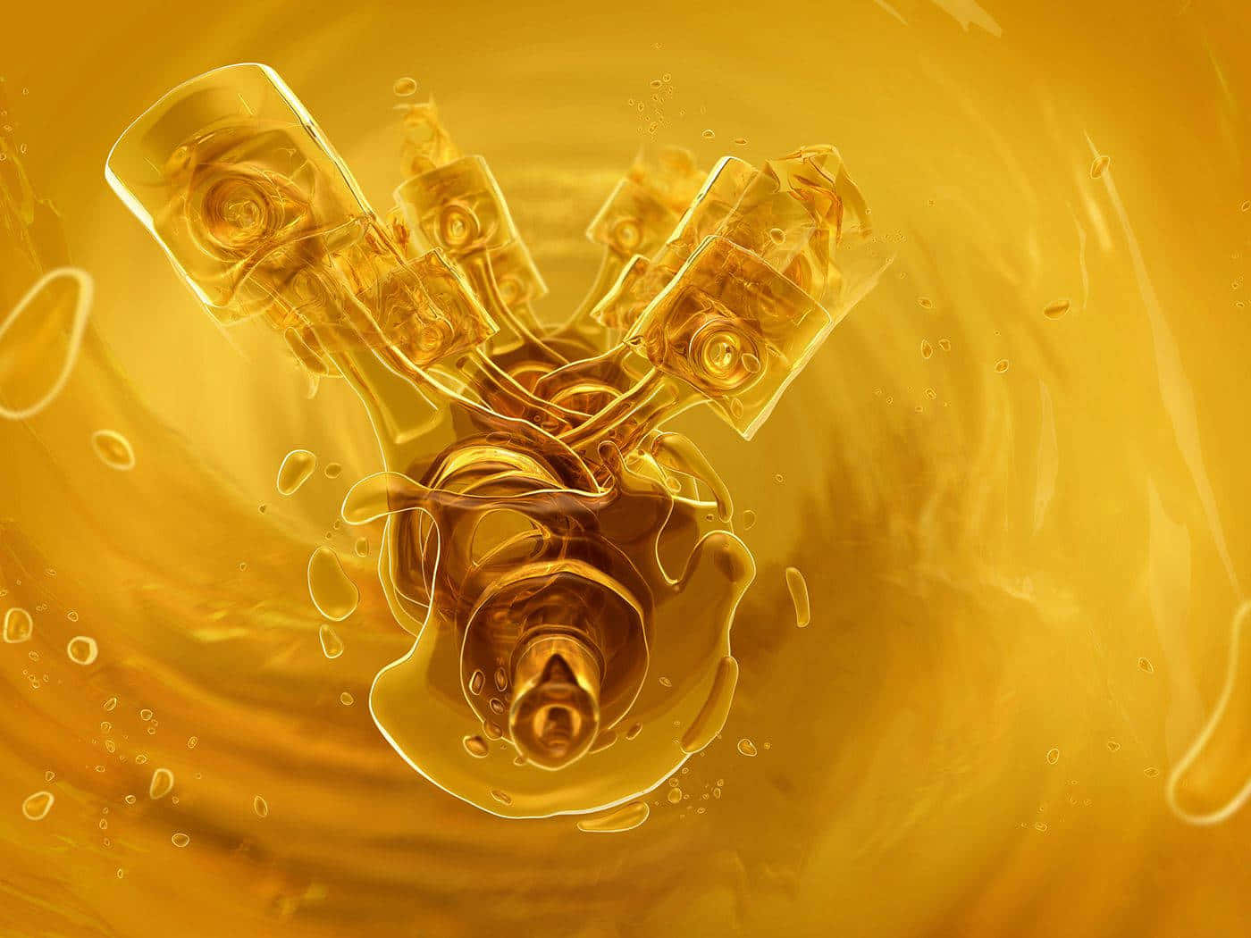 Oil 桌布 壁紙 — 金色引擎浸沒在旋轉的液體黃金中，帶有水滴和光線反射。
