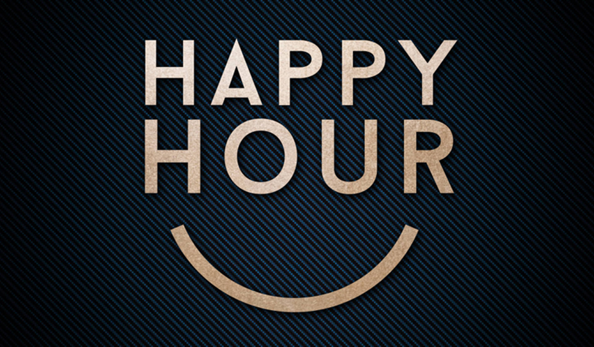 深藍色條紋背景上帶有笑臉的 Happy Hour 文字