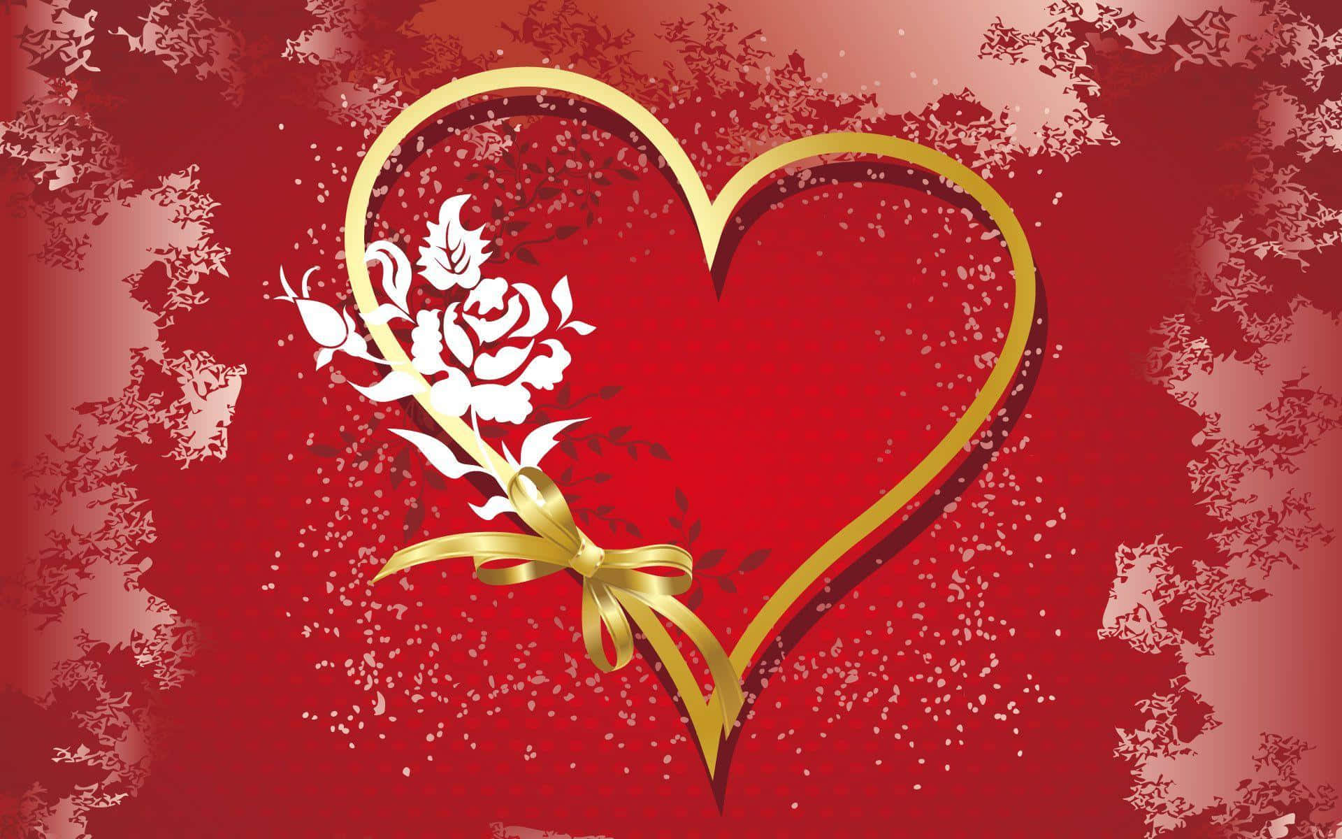 Beautiful Love 桌布 壁紙 — 金色心形輪廓懷抱著一朵白玫瑰，繫著金色蝴蝶結，襯以紋理紅背景。