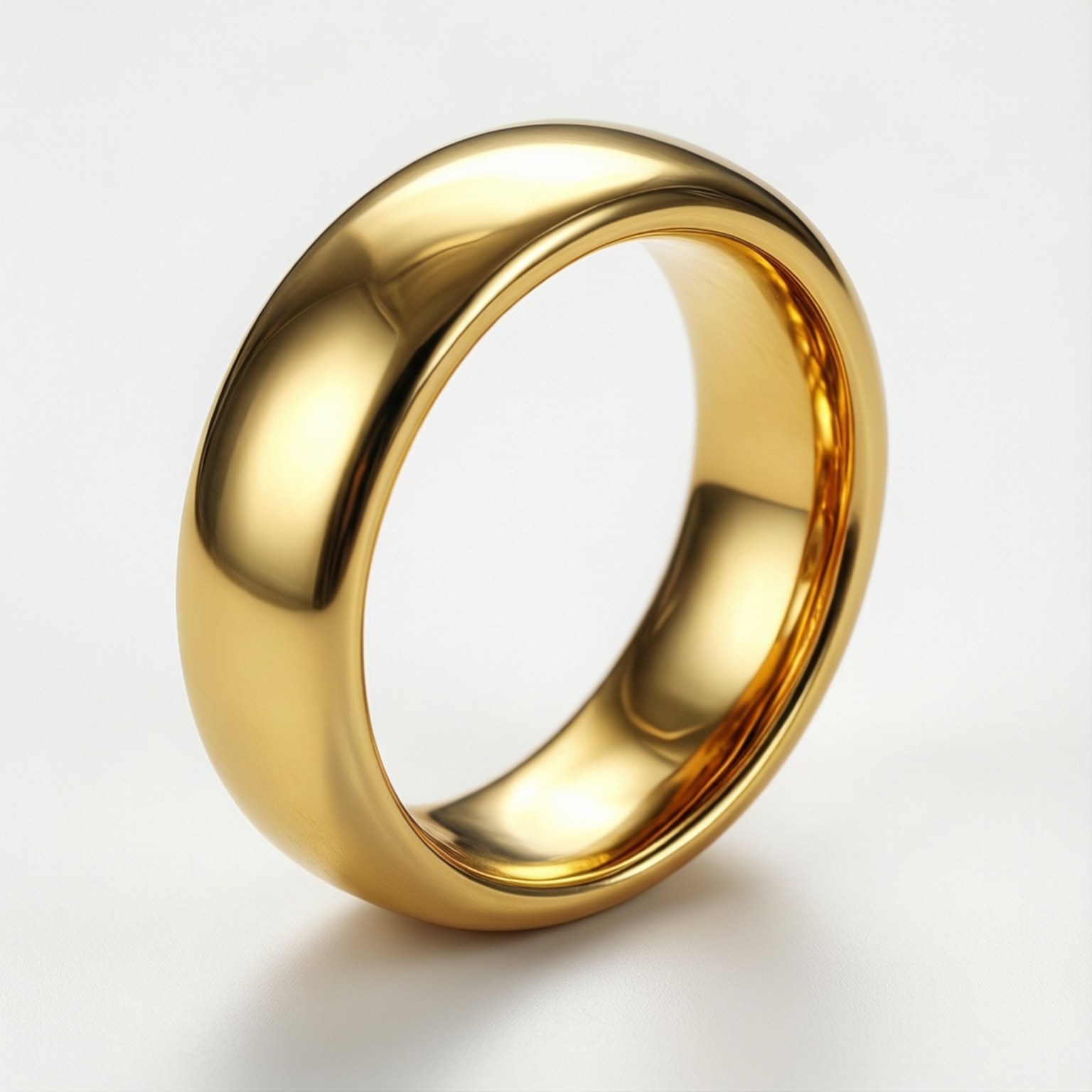 一枚拋光金色結婚戒指放在白色表面上。