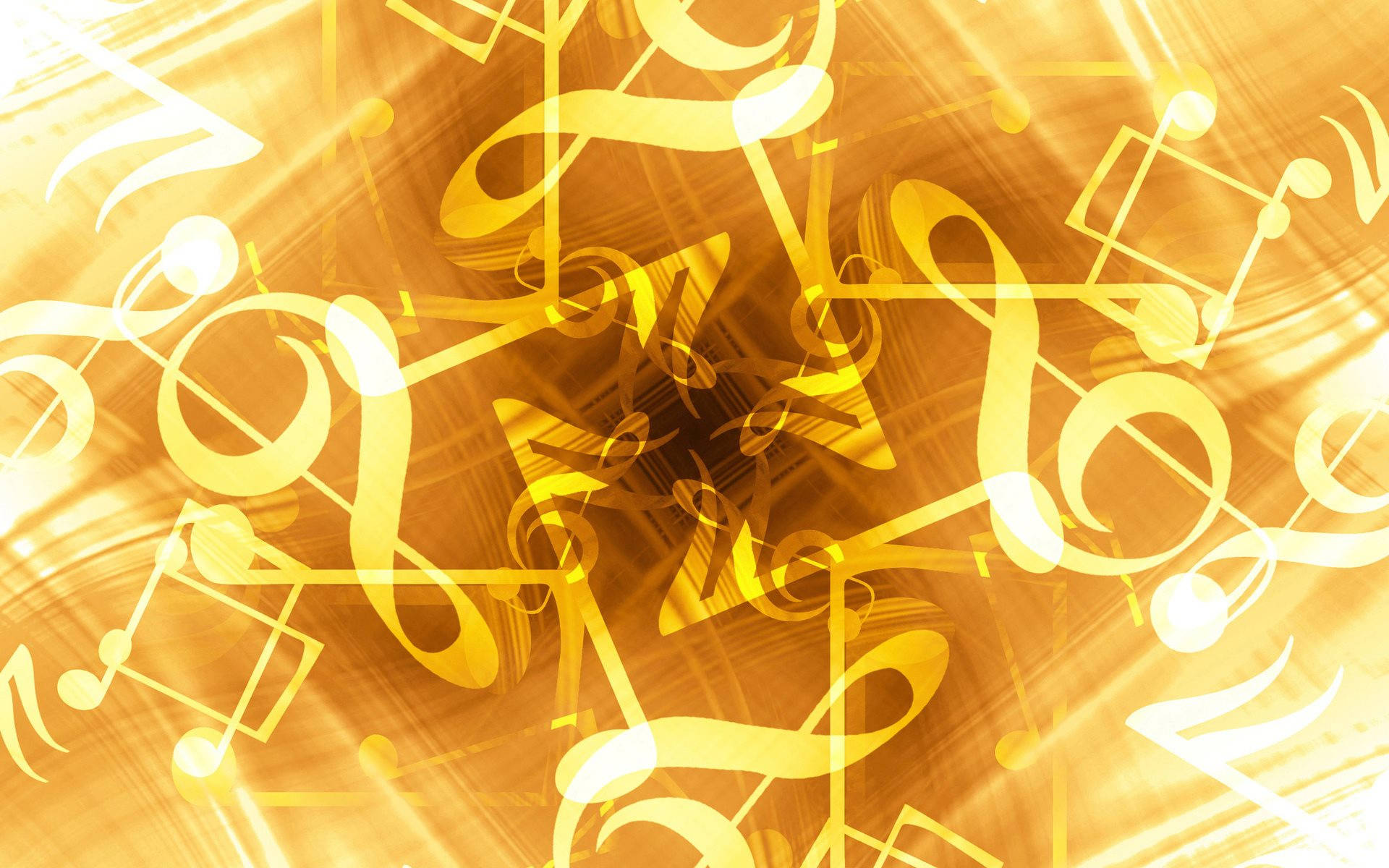 金色抽象音樂符號 壁紙 — 金色音符和符號在閃爍的琥珀色背景上動態旋轉，伴隨著發光的條紋。