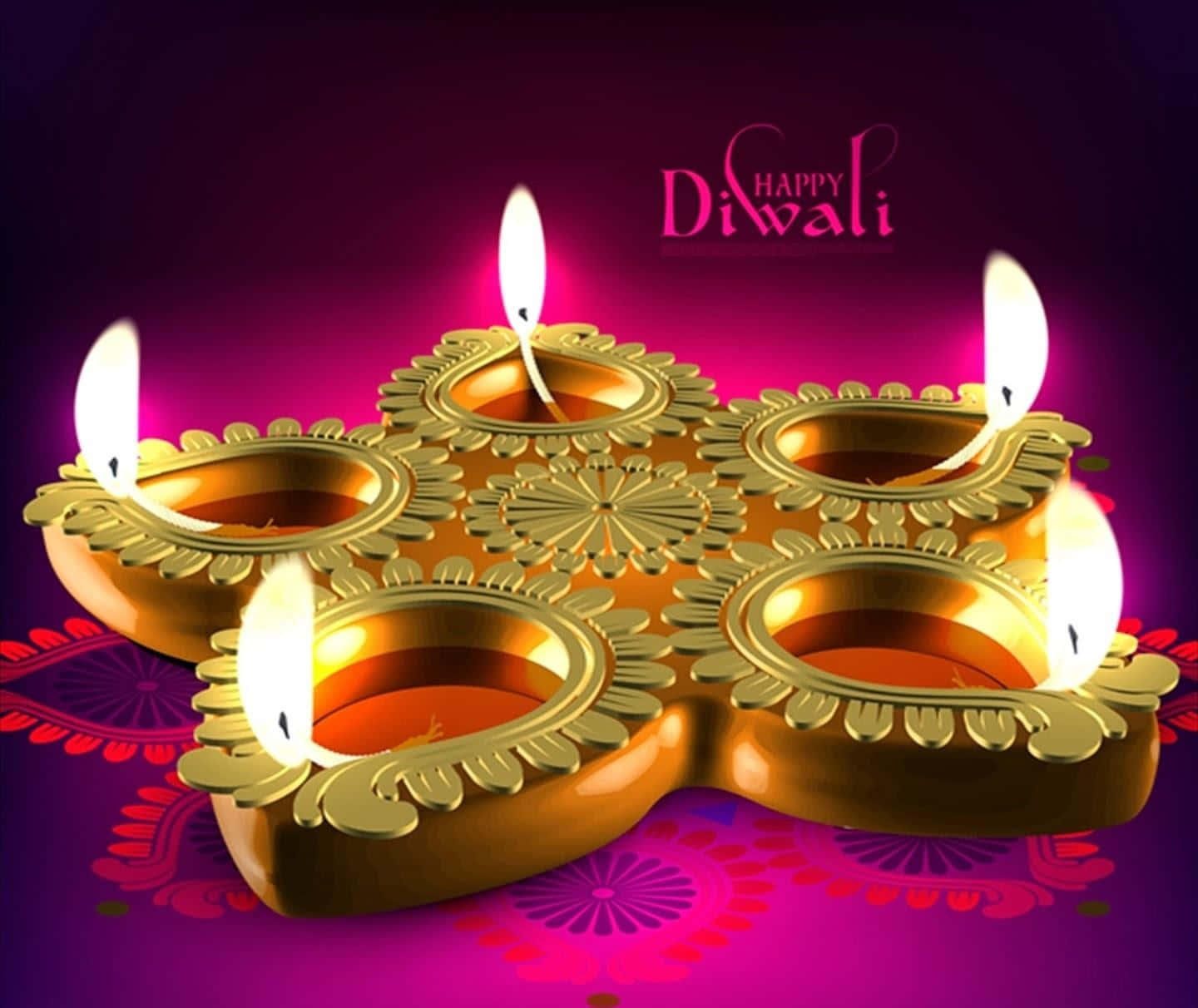Happy Diwali 桌布 壁紙 — 金色排燈節迪亞燈，火焰搖曳，在充滿節日圖案的鮮豔洋紅色背景上溫暖地發光。
