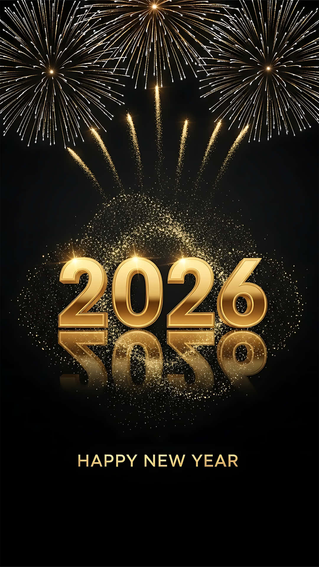 金色2026配煙花和反射，黑色背景，適合新年慶祝