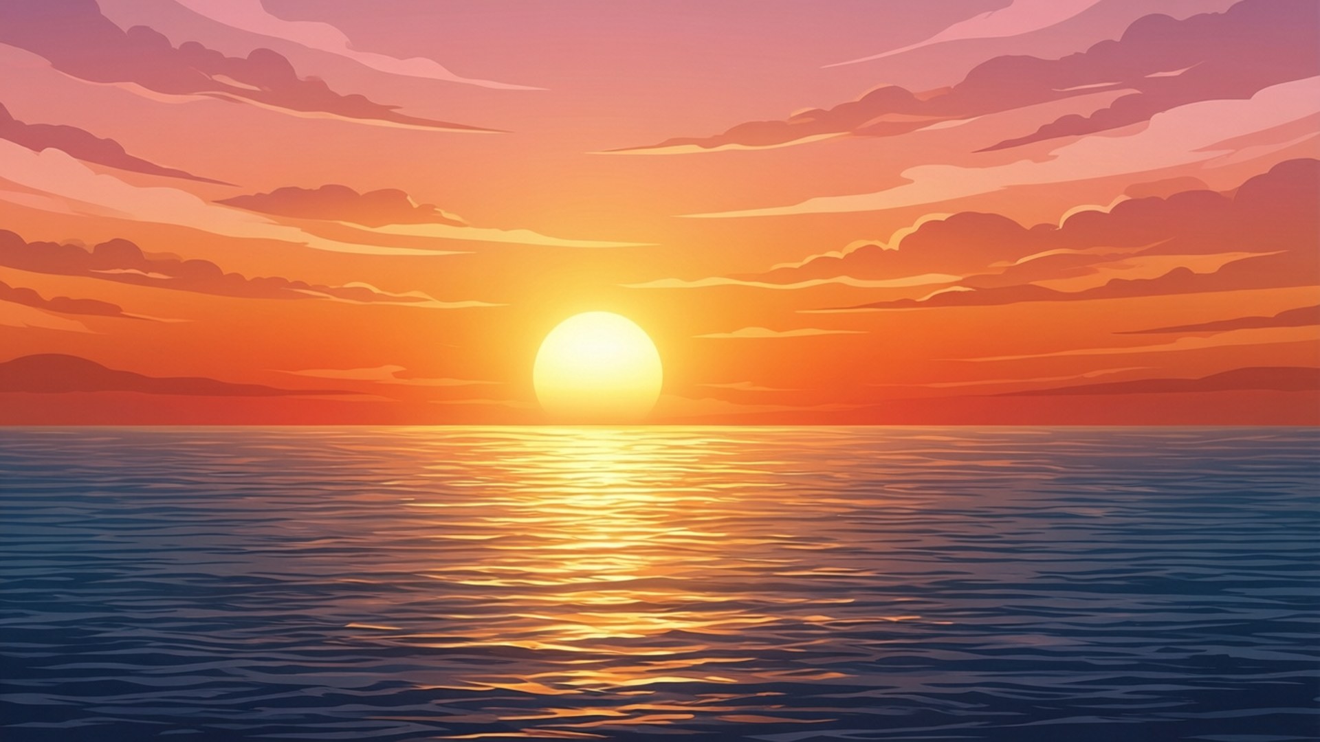 海洋上的日落，充滿活力的橙色和粉紅色天空反射在平靜的水面上。