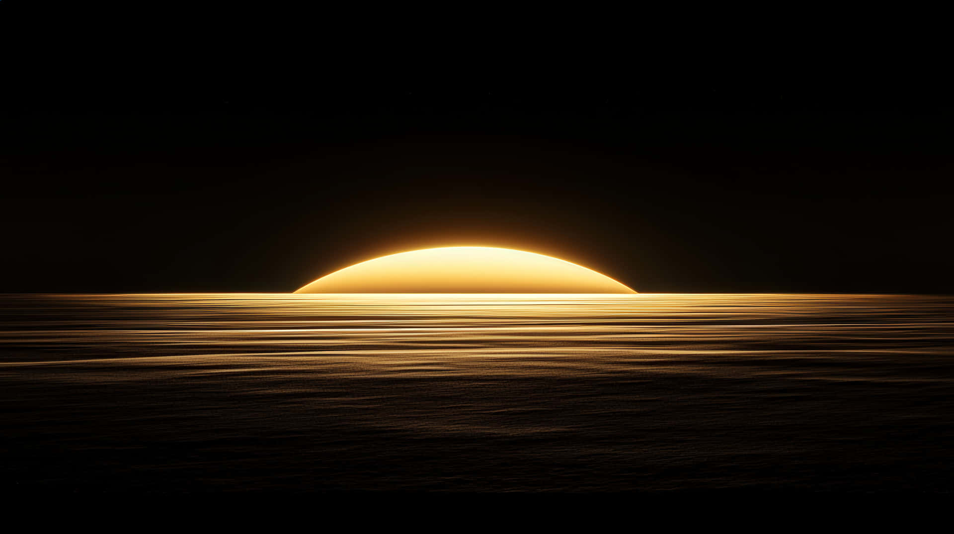 在無星的天空下，一顆金色太陽在黑暗平靜的海洋上升起或落下