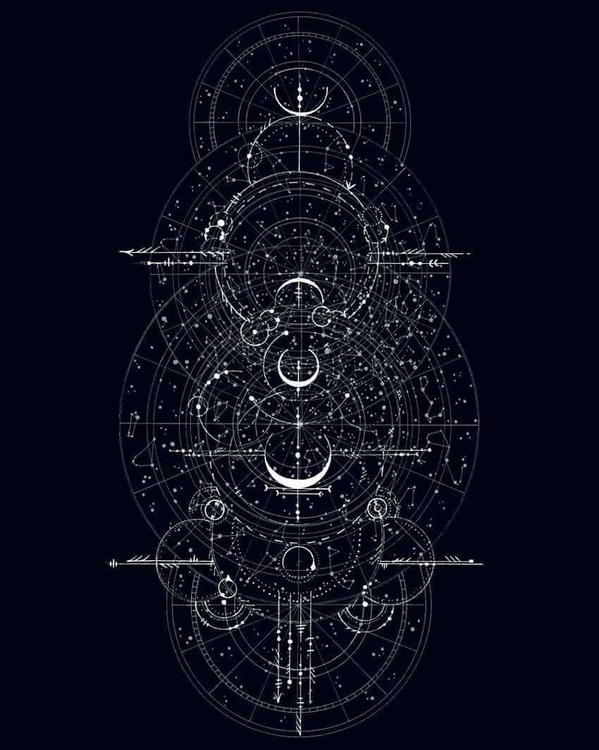 黑色背景上帶有星座和彎月的天體圖。